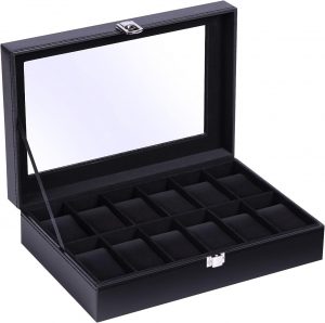 Ohuhu Watch Box with 12 Slots, Watch Case with Glass Lid, PU...